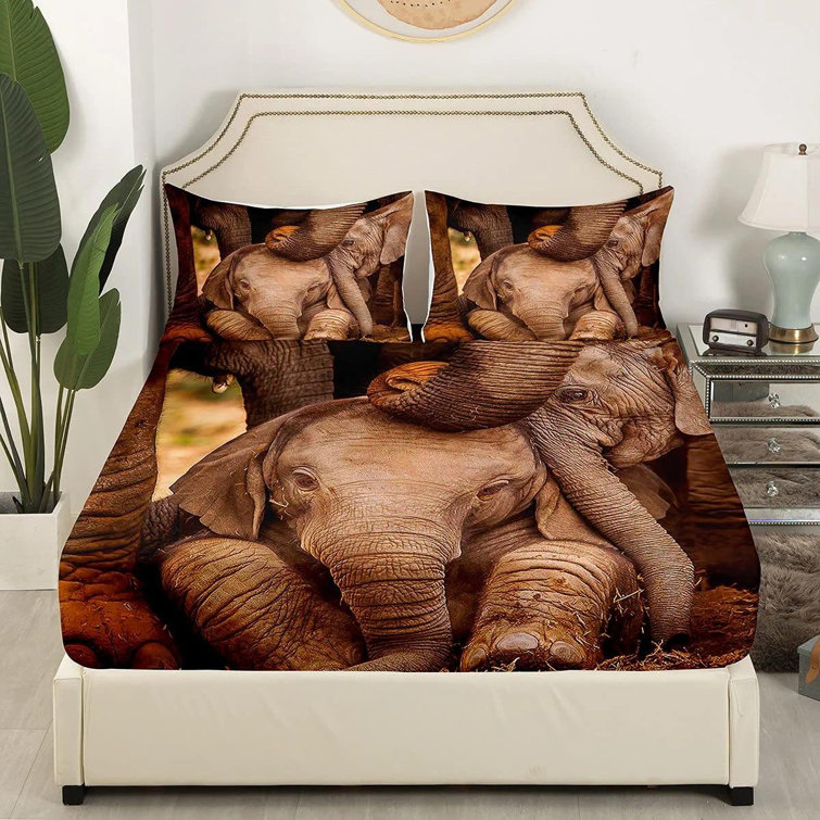 Shuda 3D Elephant Fitted Sheet Queen Size Elephants Family Bedding Set